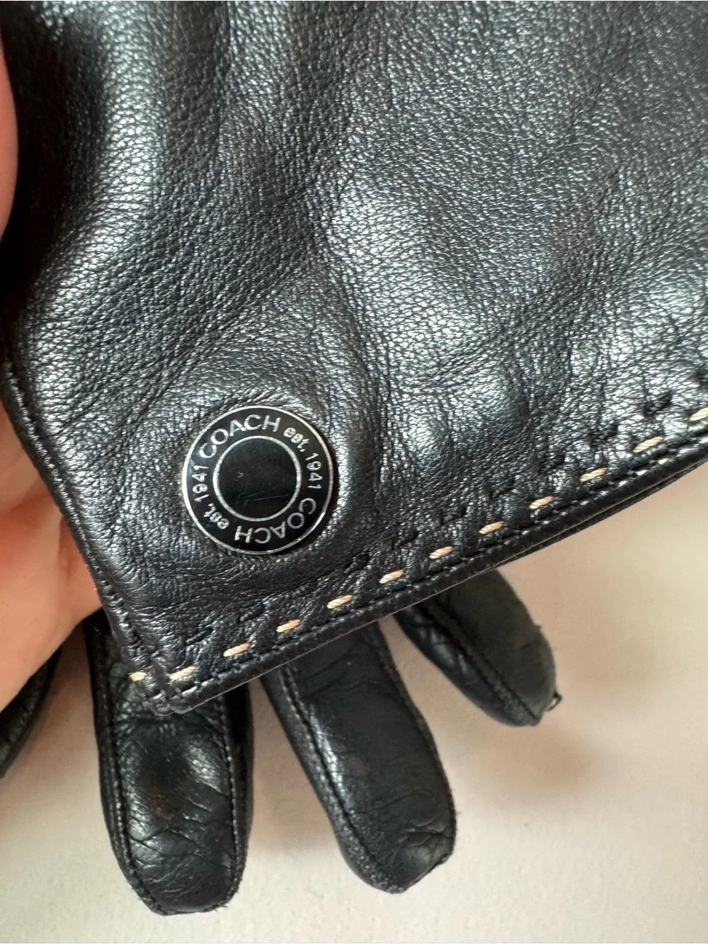 Coach Womens Black Leather Cashmere Dart Coach Coin Design Lined Gloves Size 6.5